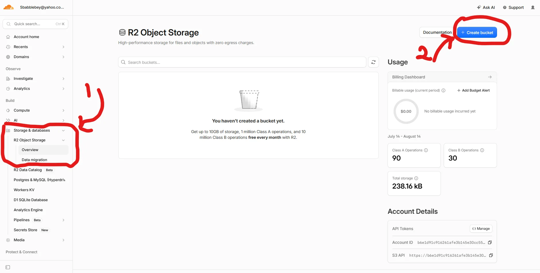 Cloudflare R2 overview with the Storage and databases section highlighted