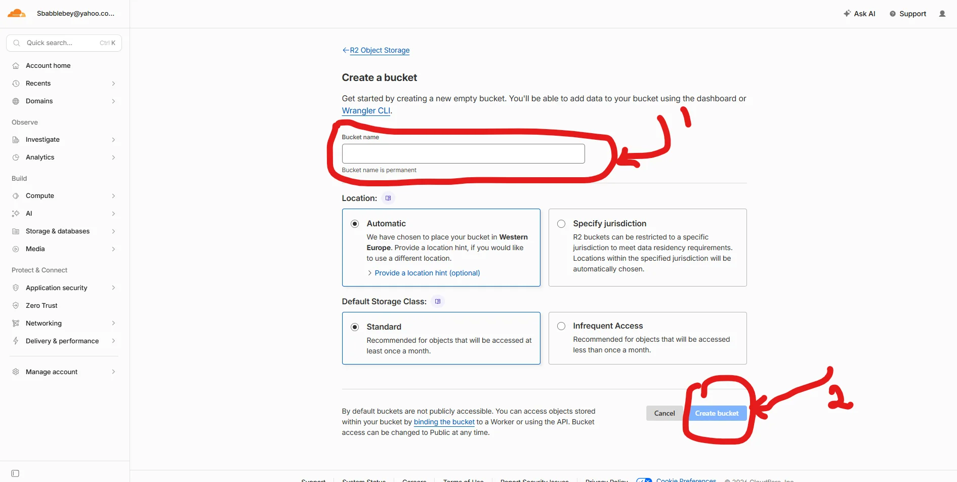 Cloudflare R2 create bucket form with bucket name field highlighted