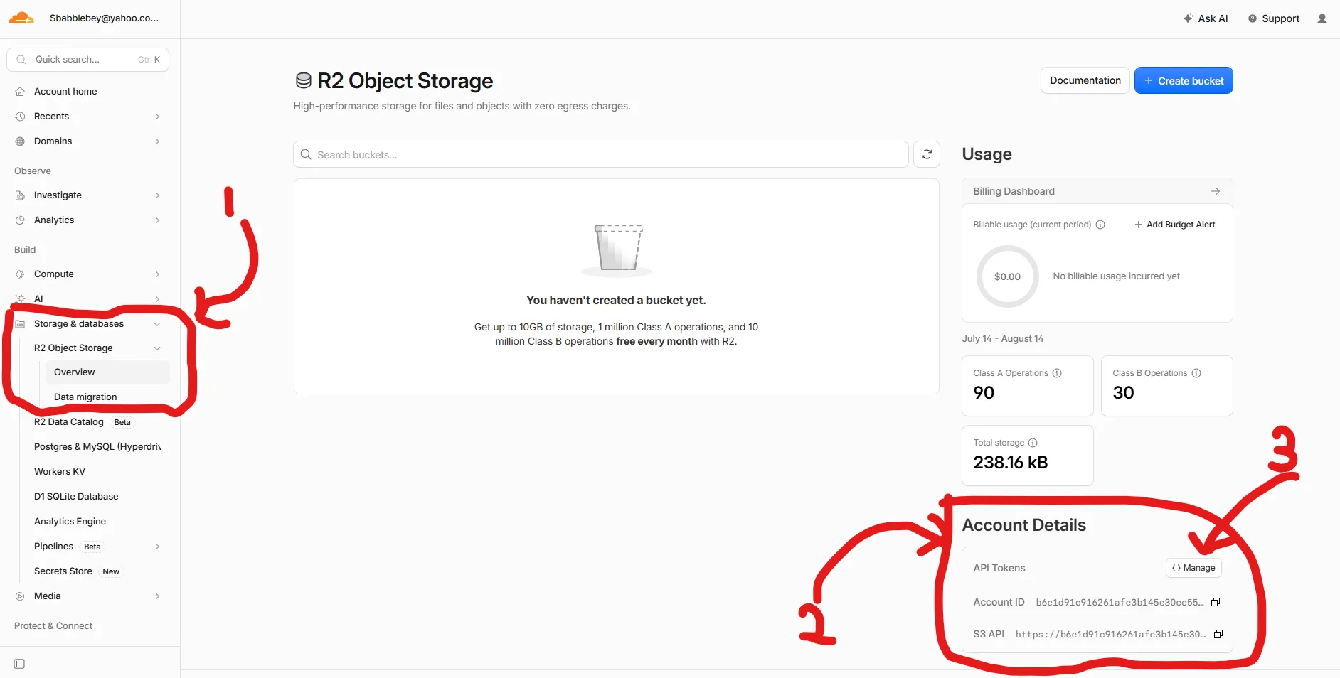 Cloudflare R2 account API tokens page with Create Account API token highlighted