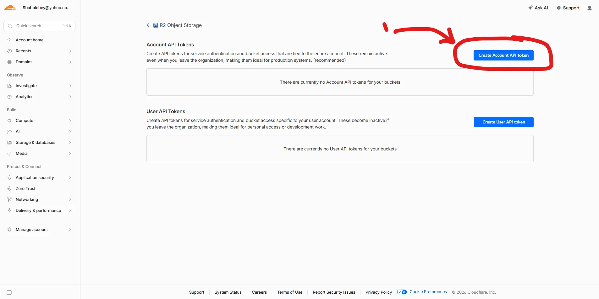 Cloudflare R2 create account API token page with token name field highlighted