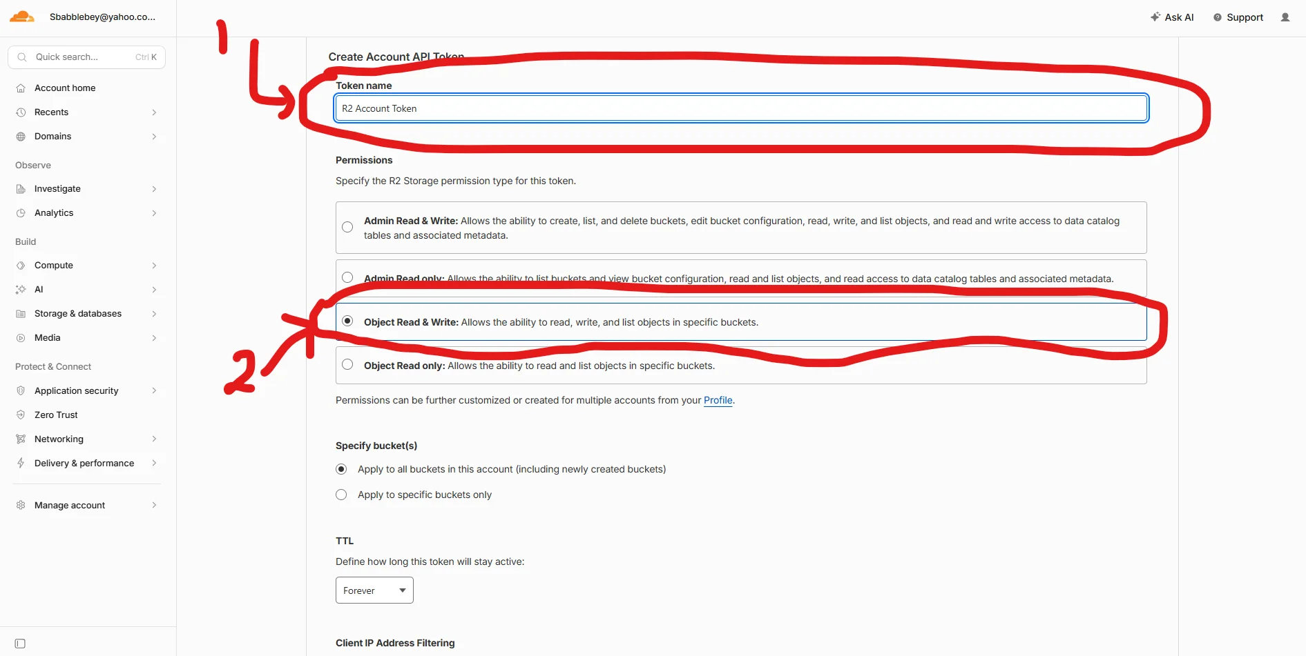 Cloudflare R2 token permissions and bucket selection section