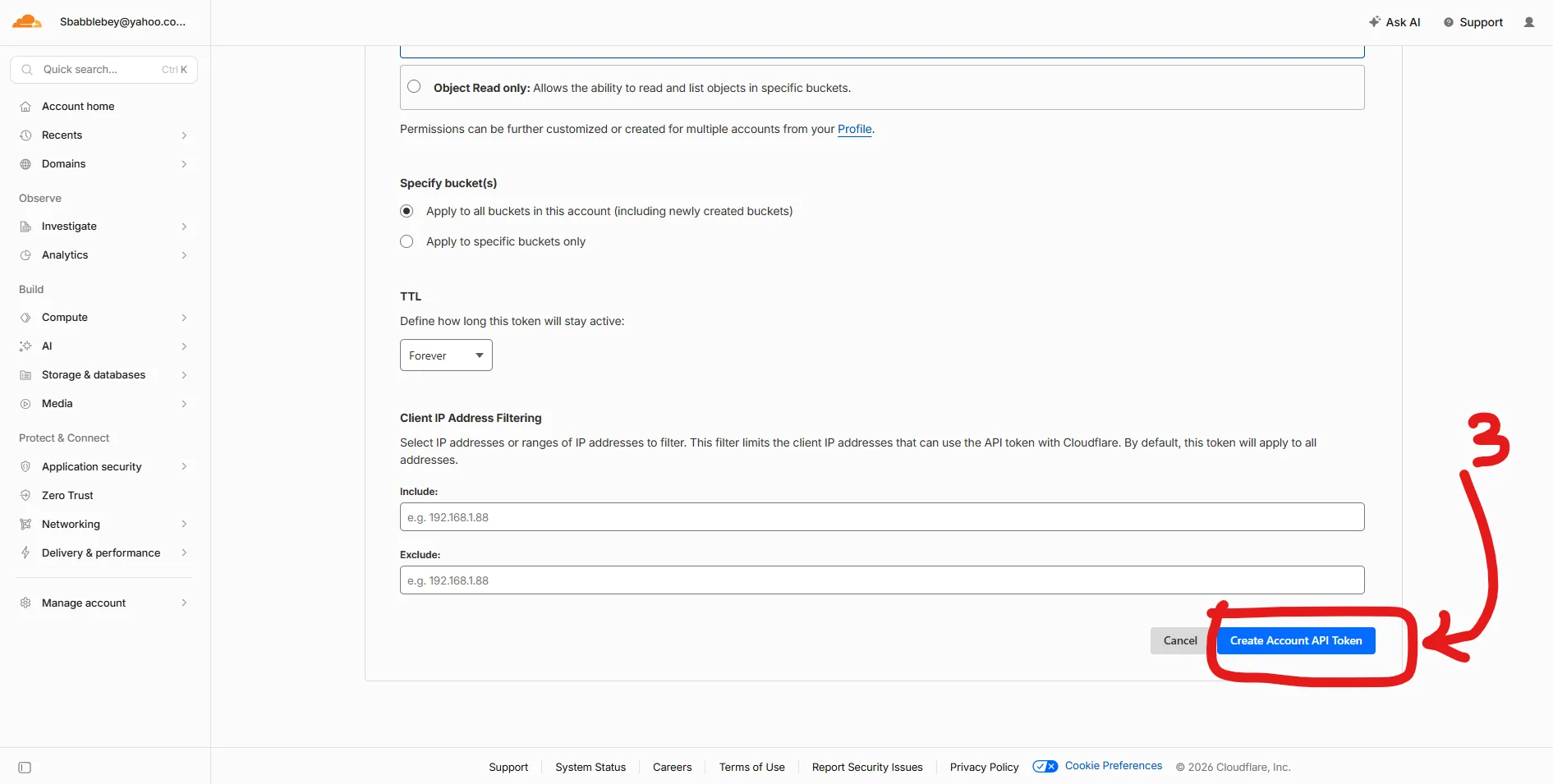 Cloudflare R2 create token page with Create Account API Token button highlighted
