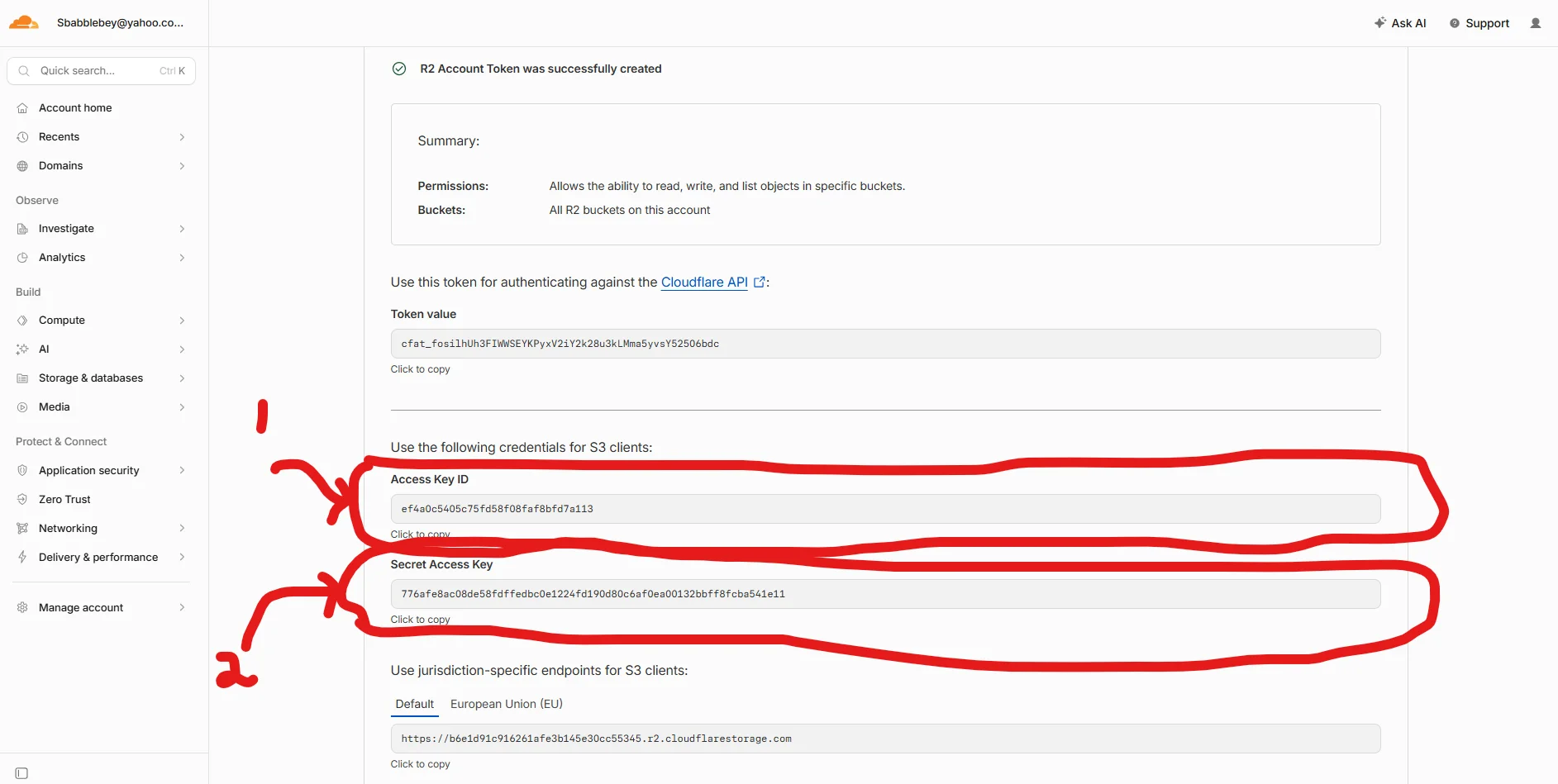 Cloudflare R2 successful API token creation page showing access key ID and secret access key