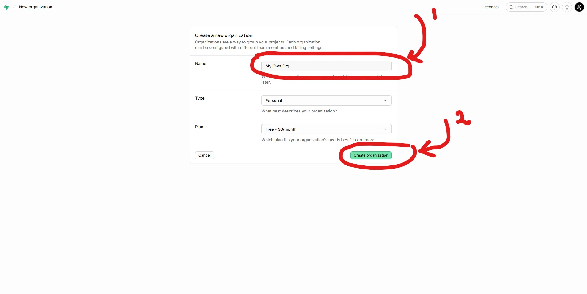 Supabase create organization screen with Name and Create organization highlighted