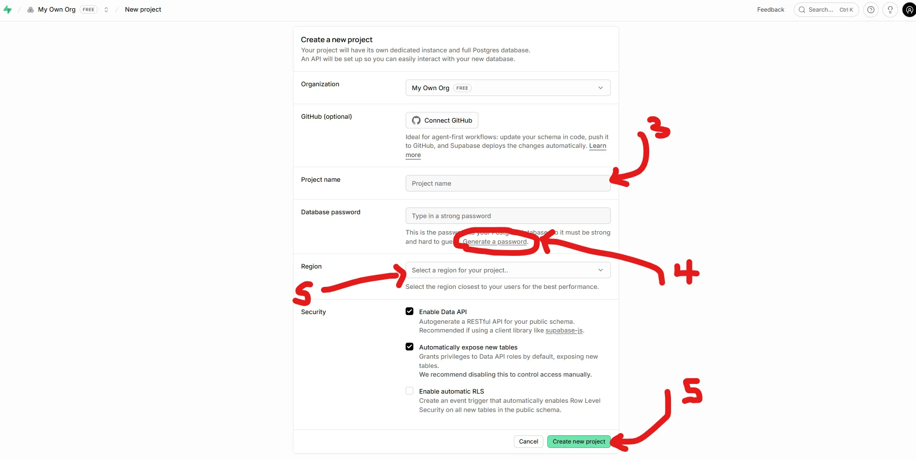 Supabase create new project screen with project name, database password, region, and create button highlighted