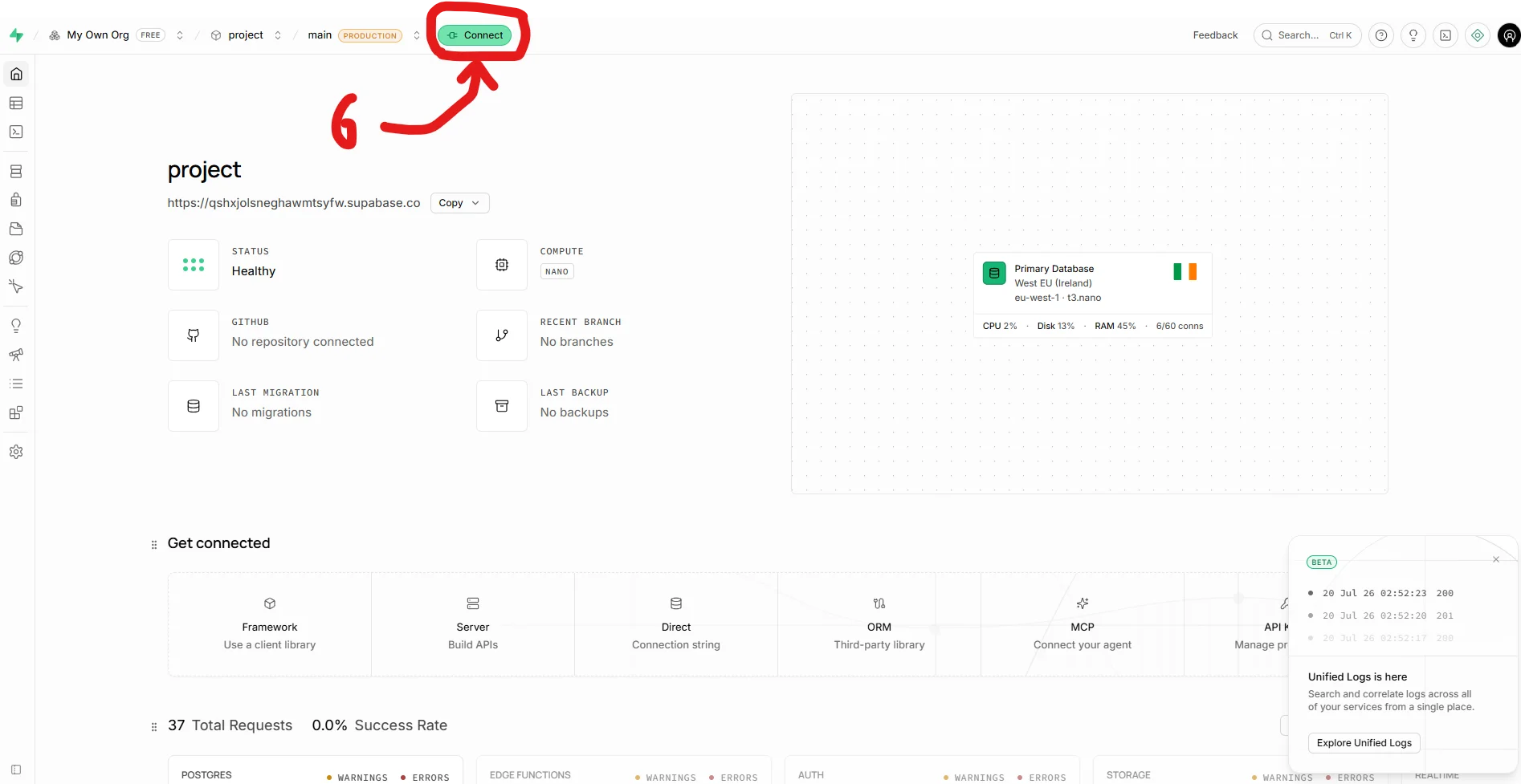 Supabase project dashboard with Connect button highlighted