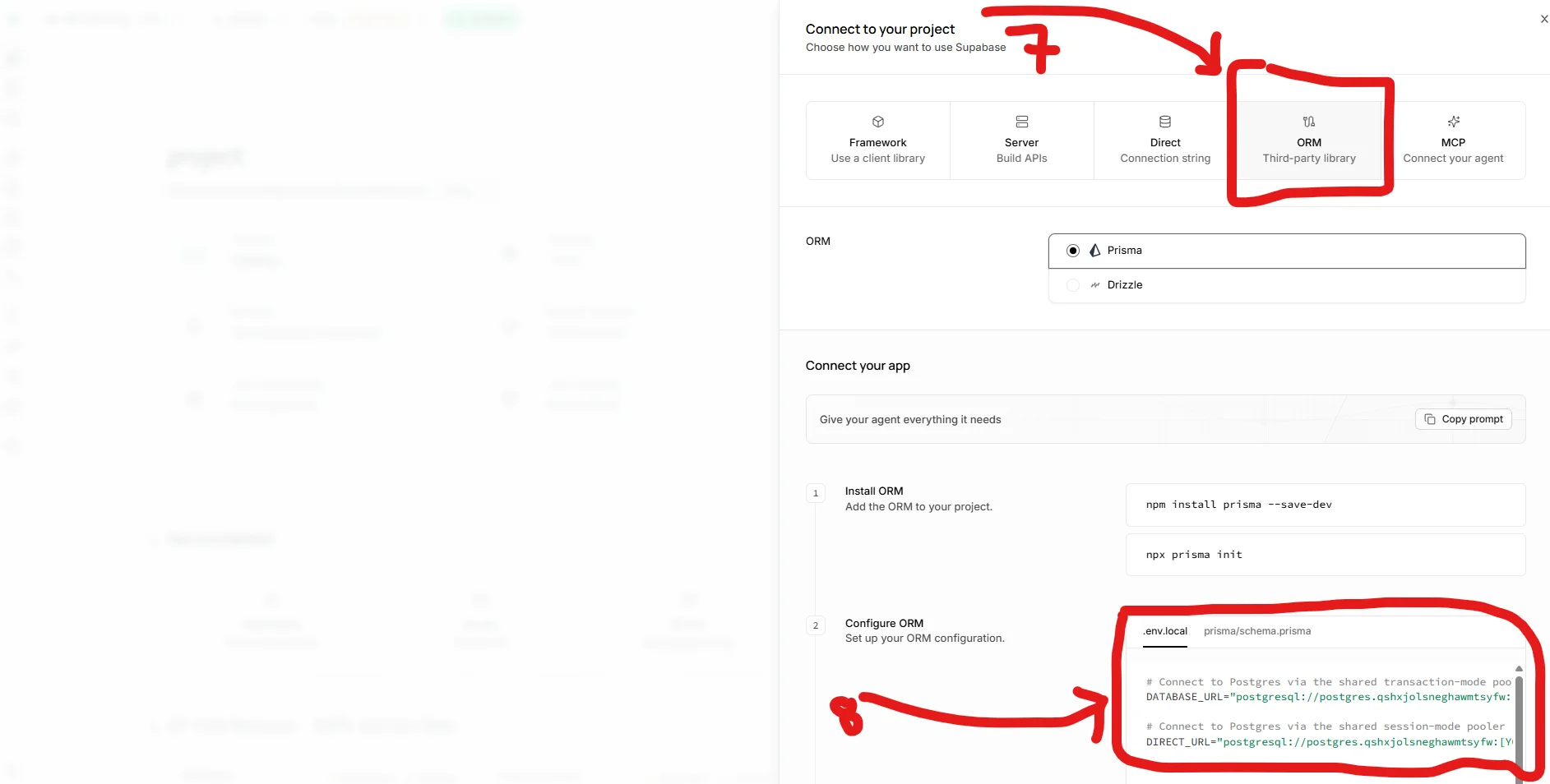 Supabase connect dialog with ORM tab and Prisma option selected showing DATABASE_URL and DIRECT_URL