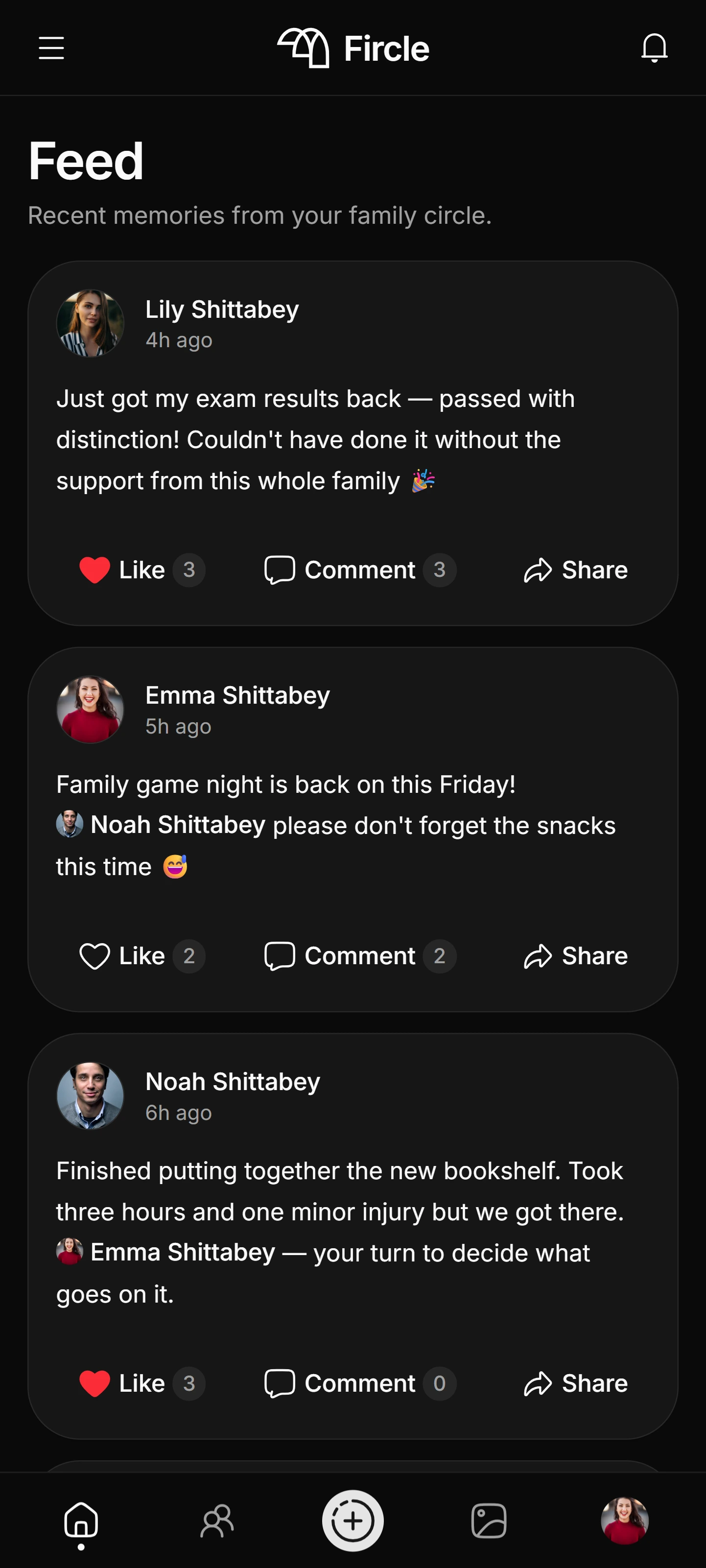 Fircle mobile feed screenshot in dark mode