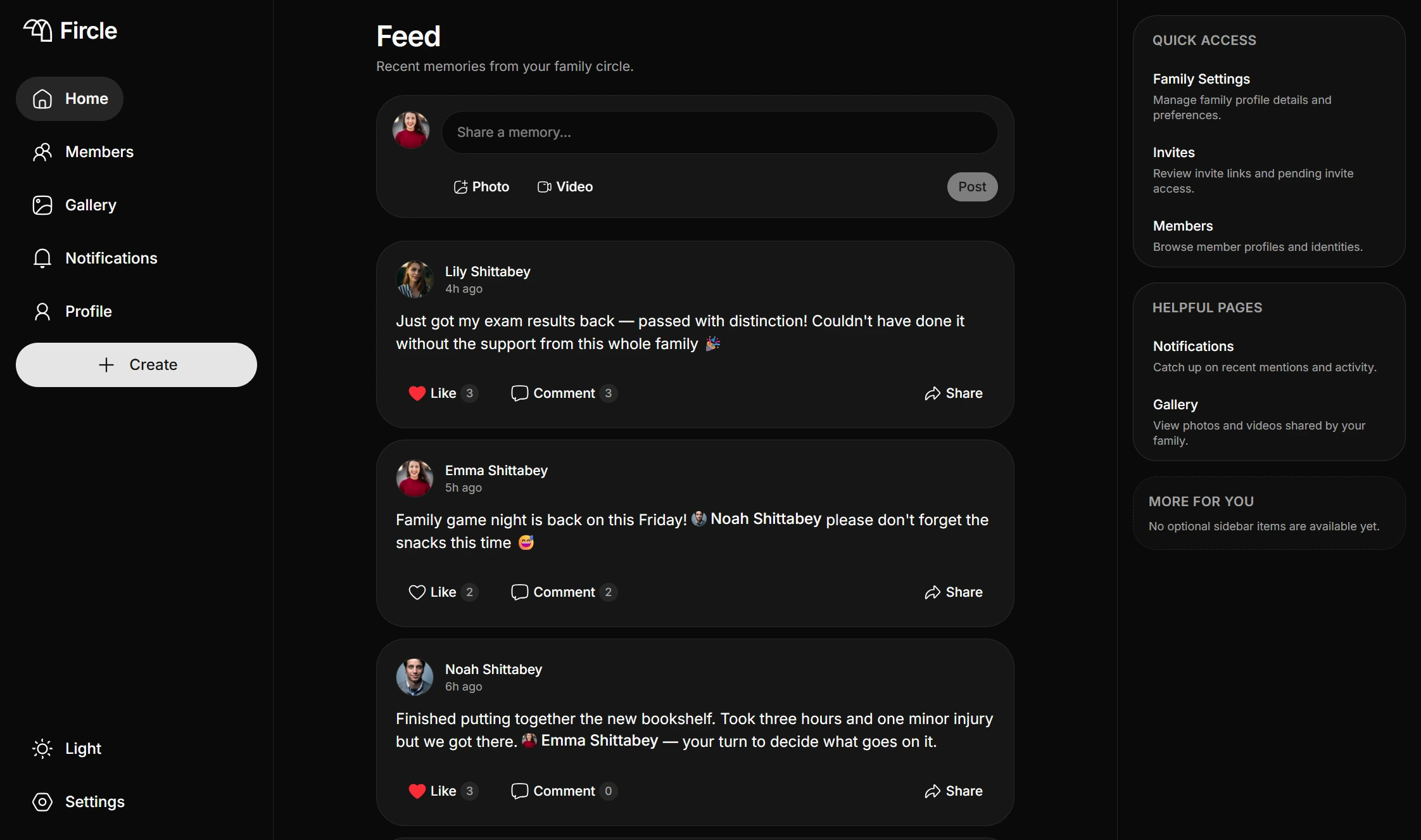 Fircle desktop feed screenshot in dark mode